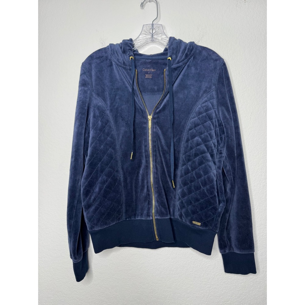 Calvin Klein Navy Blue Velour Quilted Full Zip Hoodie Jacket Womens Size S Y2K